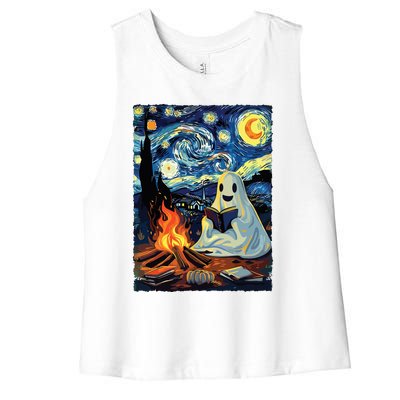 Ghost Book Reading Camping Halloween Van Gogh Starry Night Women's Racerback Cropped Tank