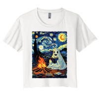 Ghost Book Reading Camping Halloween Van Gogh Starry Night Women's Crop Top Tee