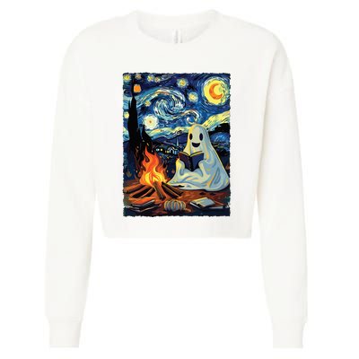 Ghost Book Reading Camping Halloween Van Gogh Starry Night Cropped Pullover Crew