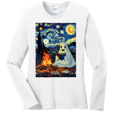 Ghost Book Reading Camping Halloween Van Gogh Starry Night Ladies Long Sleeve Shirt