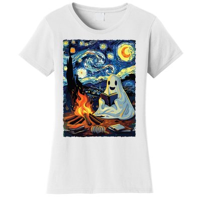 Ghost Book Reading Camping Halloween Van Gogh Starry Night Women's T-Shirt