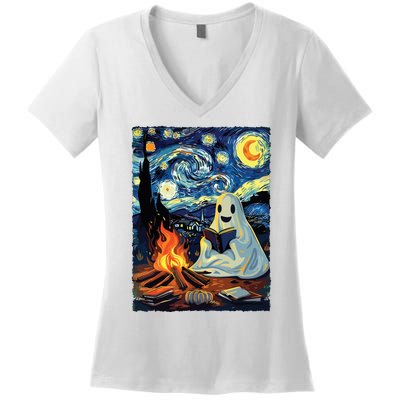 Ghost Book Reading Camping Halloween Van Gogh Starry Night Women's V-Neck T-Shirt