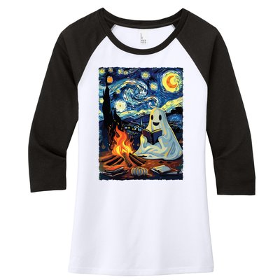 Ghost Book Reading Camping Halloween Van Gogh Starry Night Women's Tri-Blend 3/4-Sleeve Raglan Shirt