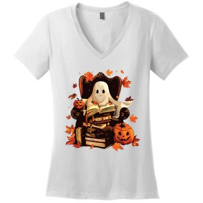 Ghost Book Reading Halloween Books Lover Teacher Women's V-Neck T-Shirt