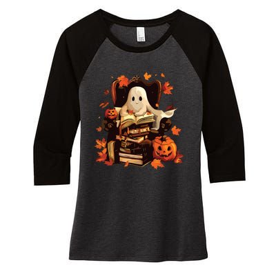 Ghost Book Reading Halloween Books Lover Teacher Women's Tri-Blend 3/4-Sleeve Raglan Shirt