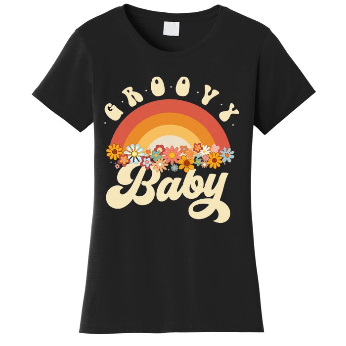 Groovy Baby Retro Rainbow Colorful Flowers Design Women's T-Shirt