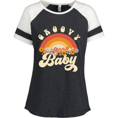 Groovy Baby Retro Rainbow Colorful Flowers Design Enza Ladies Jersey Colorblock Tee