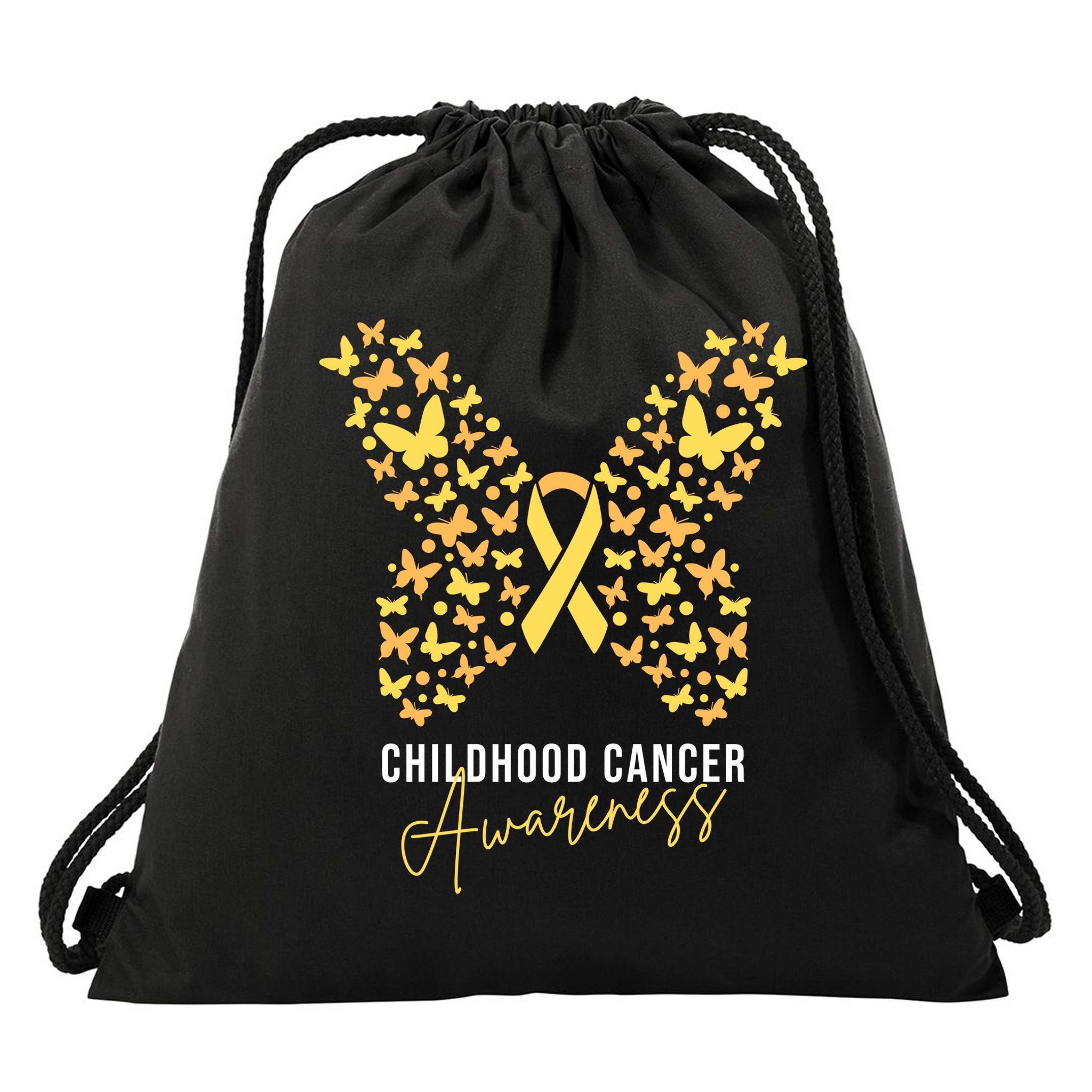 Gold Butterfly Ribbon Childhood Cancer Awareness Drawstring Bag