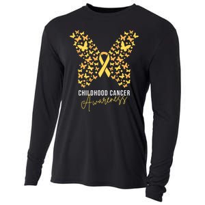 Gold Butterfly Ribbon Childhood Cancer Awareness Cooling Performance Long Sleeve Crew