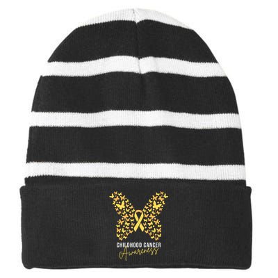 Gold Butterfly Ribbon Childhood Cancer Awareness Striped Beanie with Solid Band