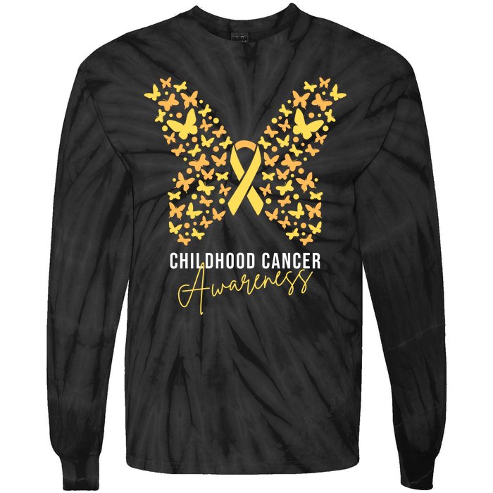 Gold Butterfly Ribbon Childhood Cancer Awareness Tie-Dye Long Sleeve Shirt