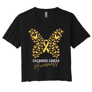 Gold Butterfly Ribbon Childhood Cancer Awareness Women's Crop Top Tee