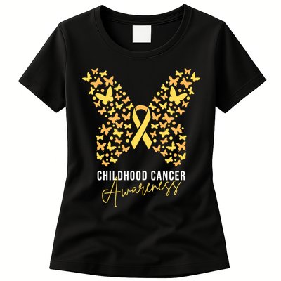 Gold Butterfly Ribbon Childhood Cancer Awareness Womens T-Shirt