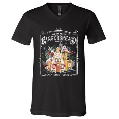 Gingerbread Bakery Retro Christmas Cookie V-Neck T-Shirt