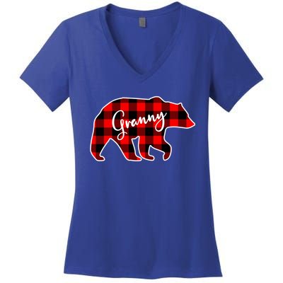 Granny Bear Red Plaid Matching Family Christmas Funny Gift Women's V-Neck T-Shirt