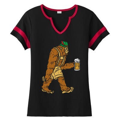 German Bigfoot Sasquatch Beer Lederhose Funny Oktoberfest Ladies Halftime Notch Neck Tee