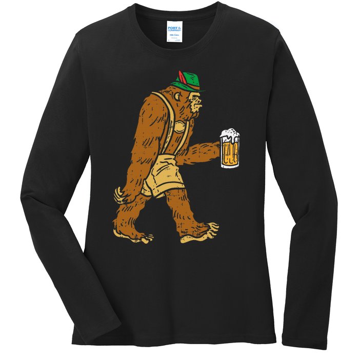 German Bigfoot Sasquatch Beer Lederhose Funny Oktoberfest Ladies Long Sleeve Shirt