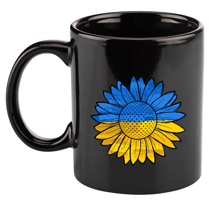 Gold & Blue Sunflower Flag Support Stand With 11oz C Handle Ceramic Mug