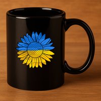 Gold & Blue Sunflower Flag Support Stand With 11oz C Handle Ceramic Mug