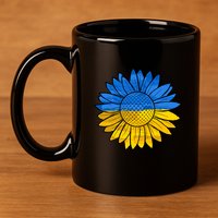 Gold & Blue Sunflower Flag Support Stand With 11oz C Handle Ceramic Mug
