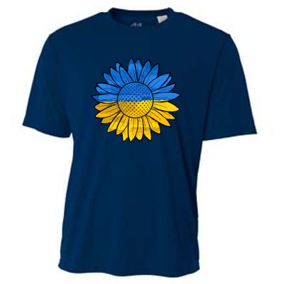 Gold & Blue Sunflower Flag Support Stand With Cooling Performance Crew T-Shirt