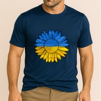 Gold & Blue Sunflower Flag Support Stand With Cooling Performance Crew T-Shirt