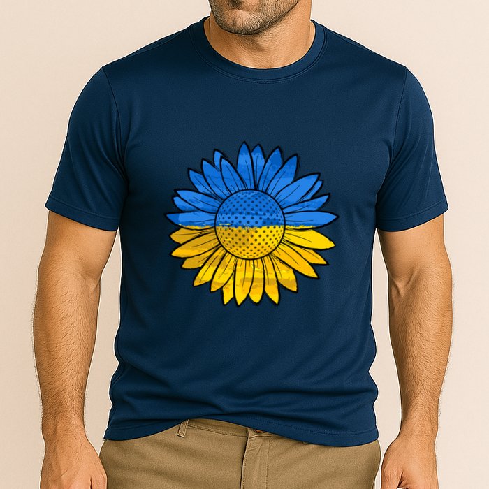 Gold & Blue Sunflower Flag Support Stand With Cooling Performance Crew T-Shirt