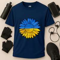 Gold & Blue Sunflower Flag Support Stand With Cooling Performance Crew T-Shirt