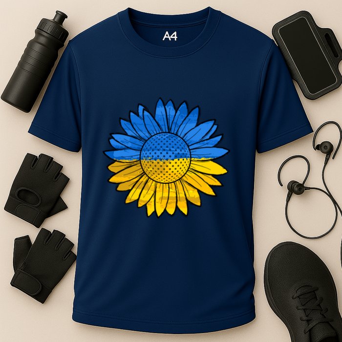 Gold & Blue Sunflower Flag Support Stand With Cooling Performance Crew T-Shirt