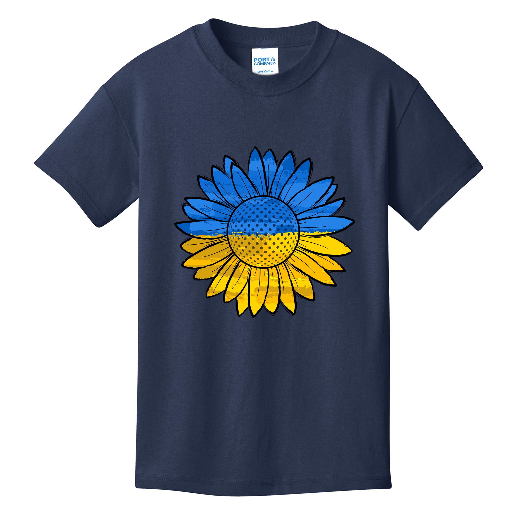 Gold & Blue Sunflower Flag Support Stand With Kids T-Shirt