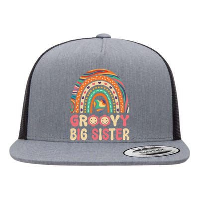 Groovy Big Sis 60s 70s Outfit Rainbow Hippie Cute Big Sister Flat Bill Trucker Hat