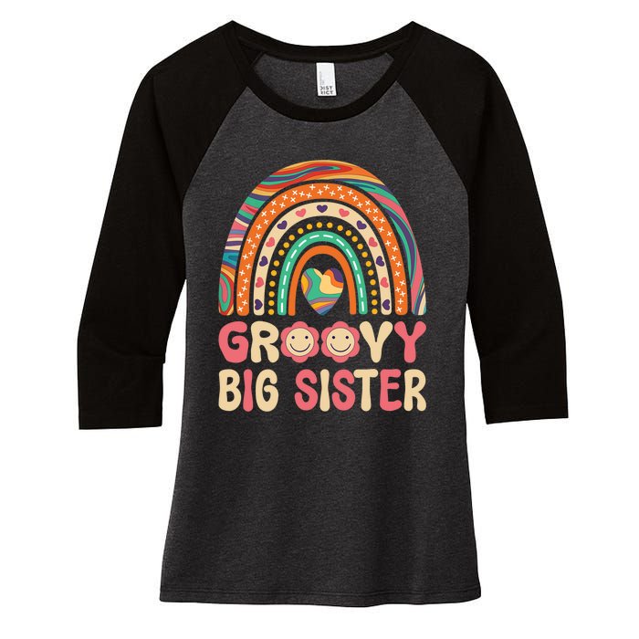 Groovy Big Sis 60s 70s Outfit Rainbow Hippie Cute Big Sister Women's Tri-Blend 3/4-Sleeve Raglan Shirt