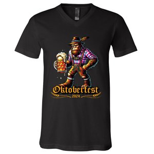 German Bigfoot Sasquatch Lederhose Funny Oktoberfest 2024 V-Neck T-Shirt