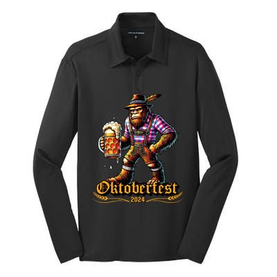 German Bigfoot Sasquatch Lederhose Funny Oktoberfest 2024 Silk Touch Performance Long Sleeve Polo