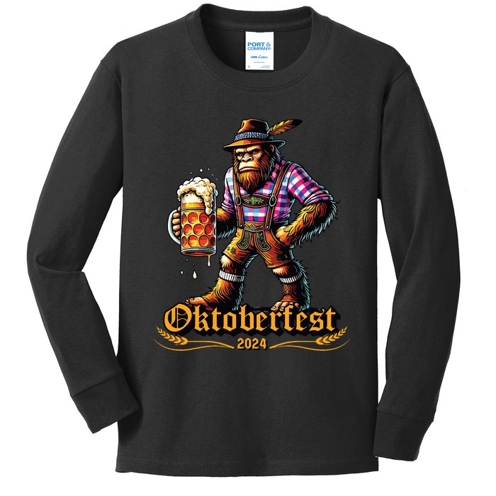 German Bigfoot Sasquatch Lederhose Funny Oktoberfest 2024 Kids Long Sleeve Shirt