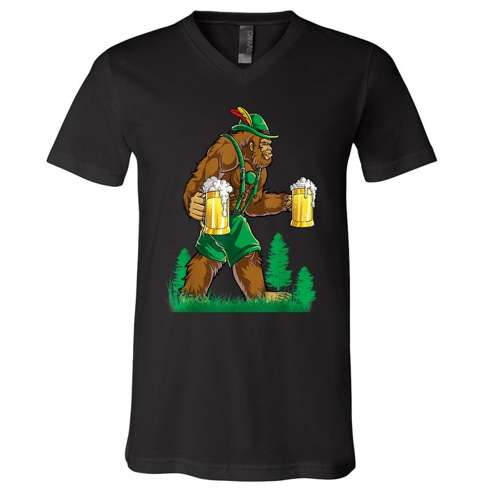 German Bigfoot Sasquatch Lederhose Funny Oktoberfest Costume V-Neck T-Shirt