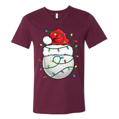 Golf Ball Santa Hat Christmas Golfing Xmas Lights V-Neck T-Shirt