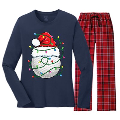 Golf Ball Santa Hat Christmas Golfing Xmas Lights Women's Long Sleeve Flannel Pajama Set 