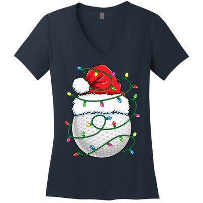 Golf Ball Santa Hat Christmas Golfing Xmas Lights Women's V-Neck T-Shirt