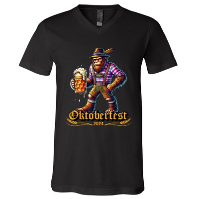 German Bigfoot Sasquatch Lederhose Funny Oktoberfest 2024 V-Neck T-Shirt