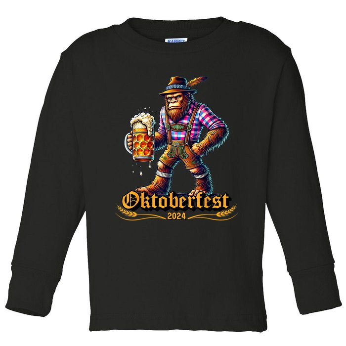 German Bigfoot Sasquatch Lederhose Funny Oktoberfest 2024 Toddler Long Sleeve Shirt