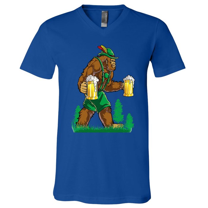 German Bigfoot Sasquatch Lederhose Funny Oktoberfest Costume V-Neck T-Shirt