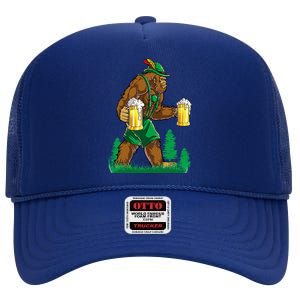 German Bigfoot Sasquatch Lederhose Funny Oktoberfest Costume High Crown Mesh Back Trucker Hat