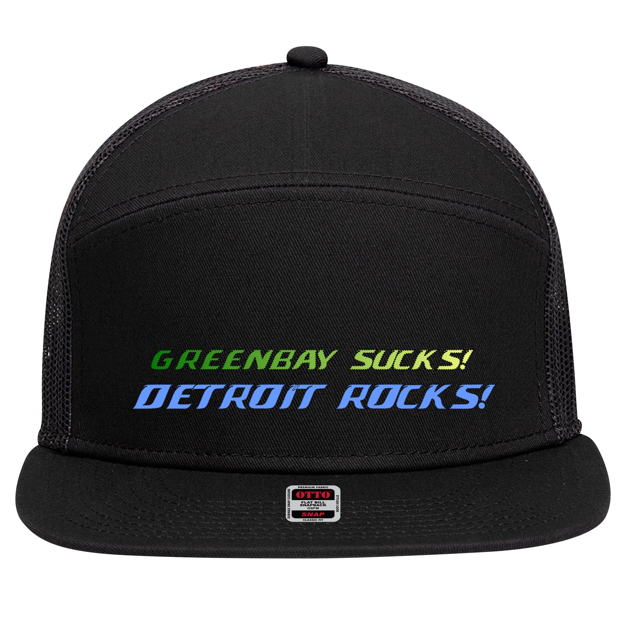 Green Bay Sucks Detroit Rocks 7 Panel Mesh Trucker Snapback Hat