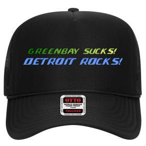 Green Bay Sucks Detroit Rocks High Crown Mesh Back Trucker Hat