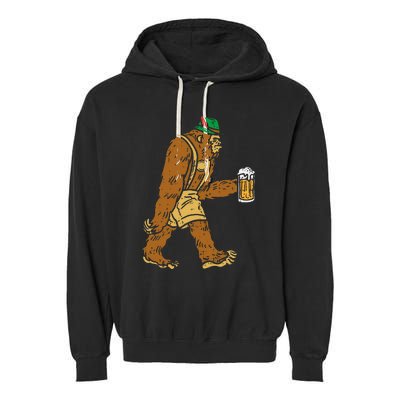 German Bigfoot Sasquatch Beer Lederhose Funny Oktoberfest Garment-Dyed Fleece Hoodie