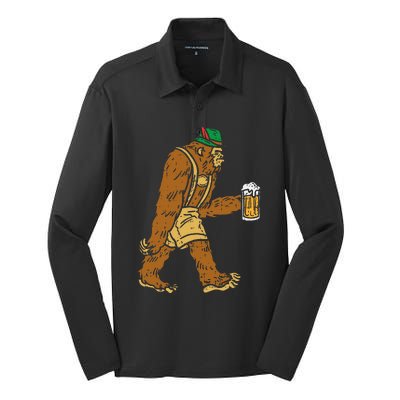 German Bigfoot Sasquatch Beer Lederhose Funny Oktoberfest Silk Touch Performance Long Sleeve Polo