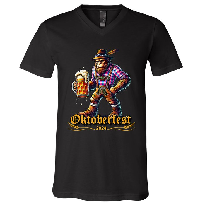 German Bigfoot Sasquatch Lederhose Funny Oktoberfest 2024 Gift V-Neck T-Shirt