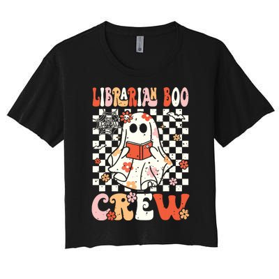 Groovy Boo School Librarian Crew Ghost Women Halloween Women's Crop Top Tee