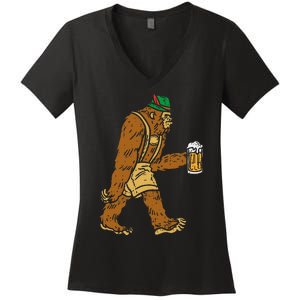 German Bigfoot Sasquatch Beer Lederhose Funny Oktoberfest Women's V-Neck T-Shirt